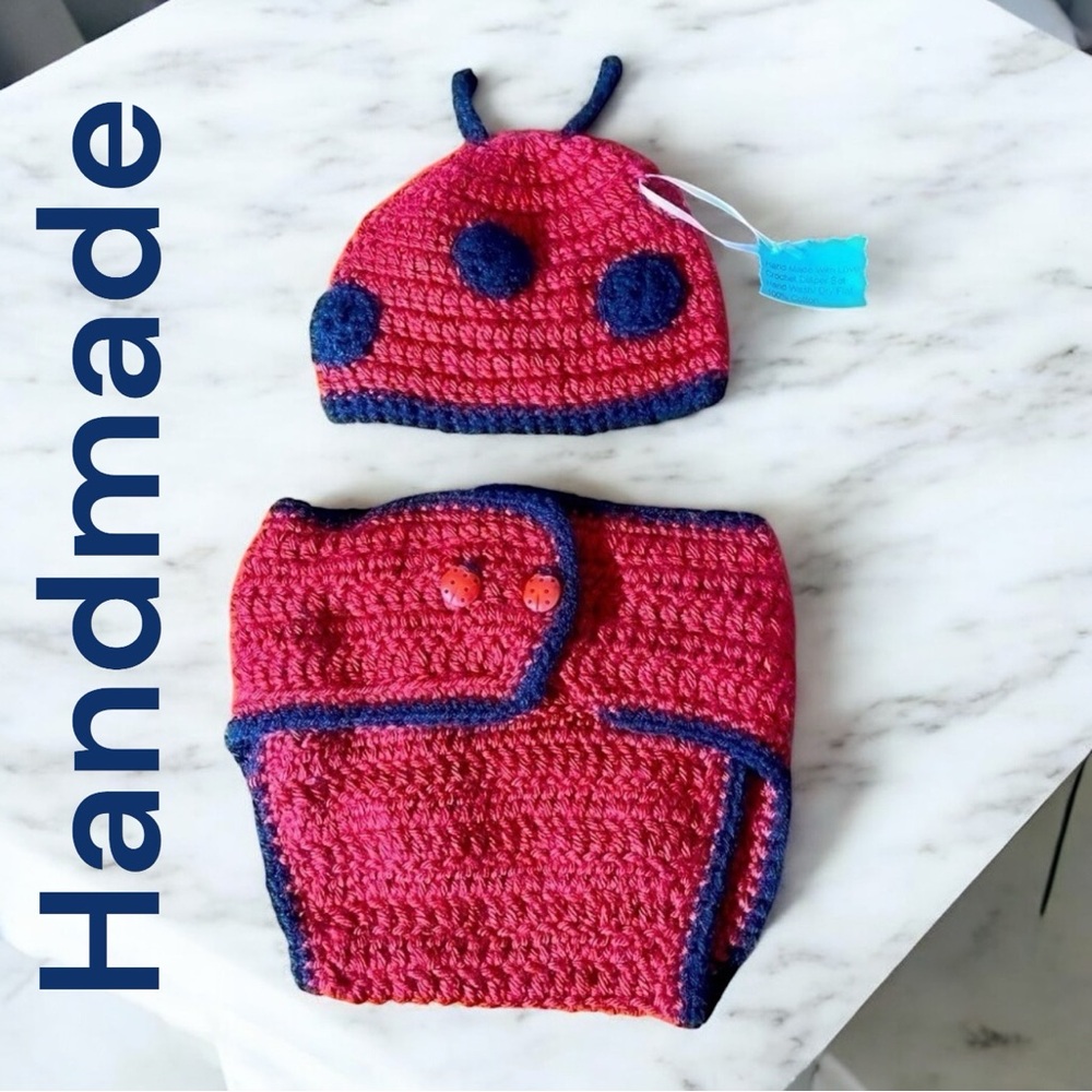 LADYBUG-NWT Hand crocheted diaper set for baby. Red/black 💯cotton. New w/tags!